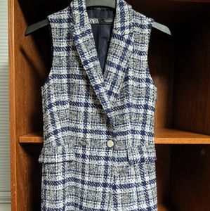 Blue and White Plaid Long Vest Dress